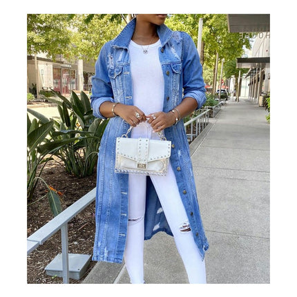 Women's Fashion Ripped Holes Maxi Long Denim Jacket Trench Coat