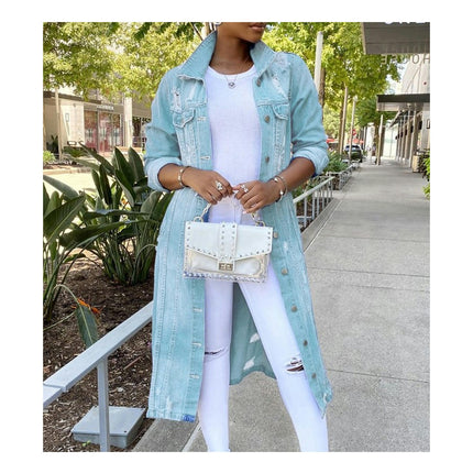 Women's Fashion Ripped Holes Maxi Long Denim Jacket Trench Coat