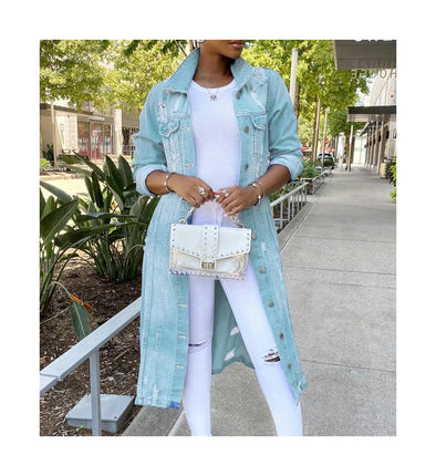 Women's Fashion Ripped Holes Maxi Long Denim Jacket Trench Coat