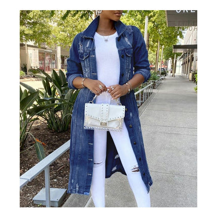 Women's Fashion Ripped Holes Maxi Long Denim Jacket Trench Coat