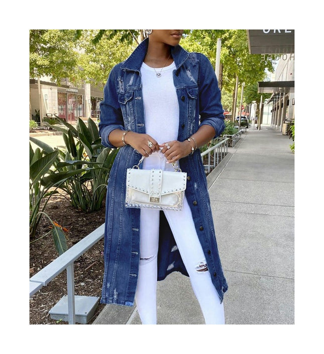 Women's Fashion Ripped Holes Maxi Long Denim Jacket Trench Coat