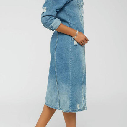 Women's Fashion Ripped Holes Maxi Long Denim Jacket Trench Coat