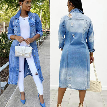 Women's Fashion Ripped Holes Maxi Long Denim Jacket Trench Coat