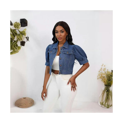 Casual Jean Jacket for Women Puff Short Sleeves Button-Down Denim Jacket