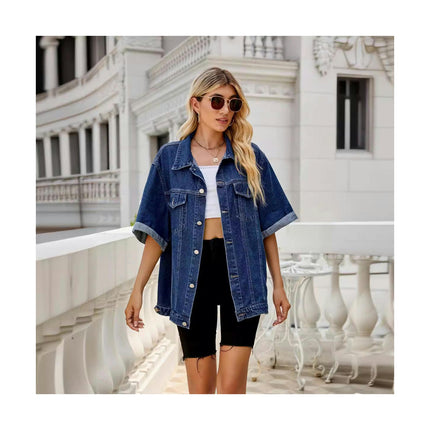 Womens Button Down Denim Jackets Casual Loose Fit Short Sleeve Jean Coats with Pockets