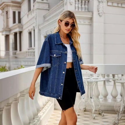 Womens Button Down Denim Jackets Casual Loose Fit Short Sleeve Jean Coats with Pockets