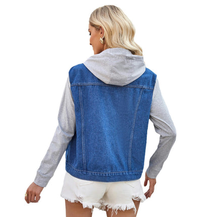 Women's Layered Drawstring Casual Hoodie Denim Jackets with Pockets