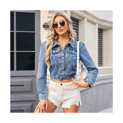 Women's Button Down Long Sleeve Cropped Denim Jean Jacket with Pockets