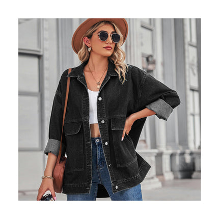 Women's  Loose Fit Mid Long Denim Jacket Long Sleeves Jean Jacket