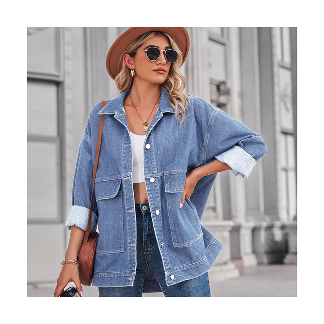 Women's  Loose Fit Mid Long Denim Jacket Long Sleeves Jean Jacket