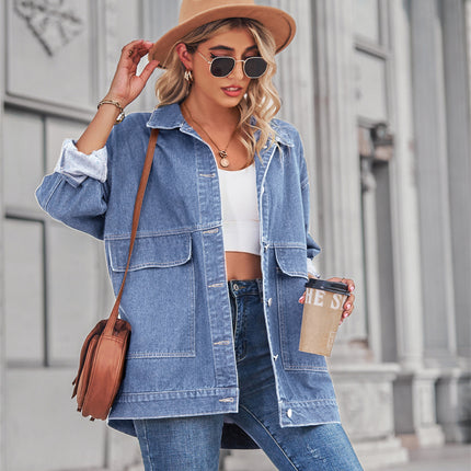 Women's  Loose Fit Mid Long Denim Jacket Long Sleeves Jean Jacket