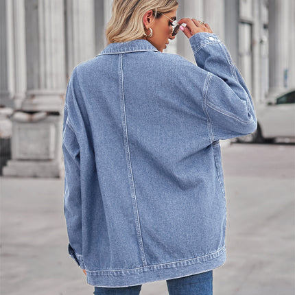 Women's  Loose Fit Mid Long Denim Jacket Long Sleeves Jean Jacket