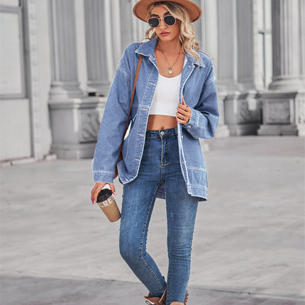 Women's  Loose Fit Mid Long Denim Jacket Long Sleeves Jean Jacket