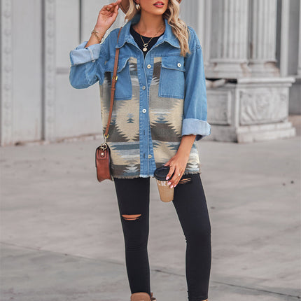 Women's Aztec Shacket Lapel Long Sleeve Button Down Jean Denim Jacket Coat