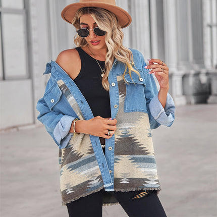 Women's Aztec Shacket Lapel Long Sleeve Button Down Jean Denim Jacket Coat