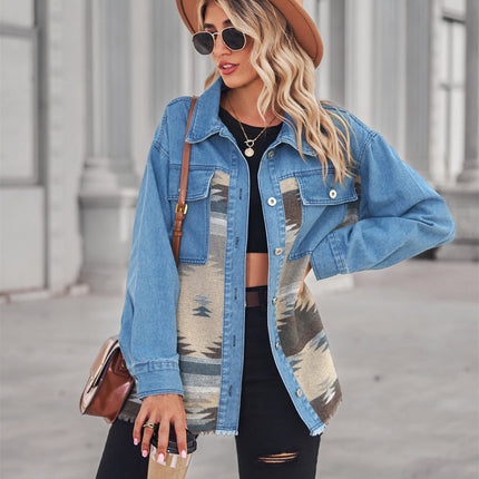 Women's Aztec Shacket Lapel Long Sleeve Button Down Jean Denim Jacket Coat