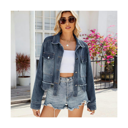 Women's Cropped Jean Jacket Casual Long Sleeve Frayed Hem Denim Jacket