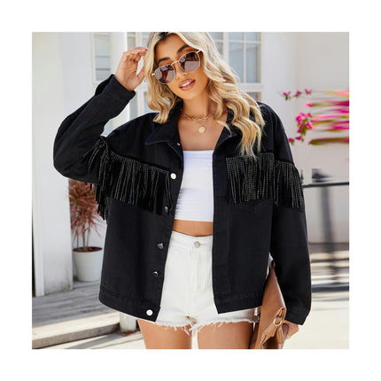 Women's Casual Tassel Denim Jackets Long Sleeve Jean Jacket