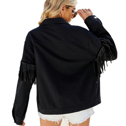 Women's Casual Tassel Denim Jackets Long Sleeve Jean Jacket