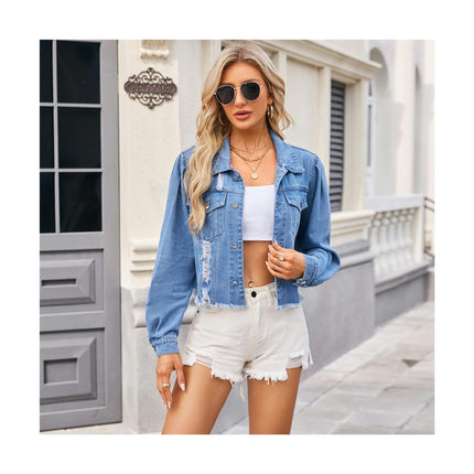 Women's Button Down Long Sleeve Denim Jacket Cropped Ripped Jean Jacket