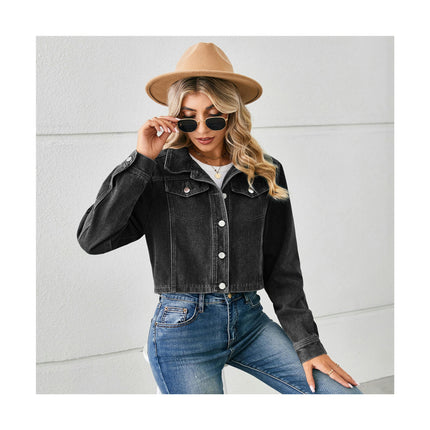 Women's Cropped Jean Jacket Button Up Casual Long Sleeve Denim Jacket