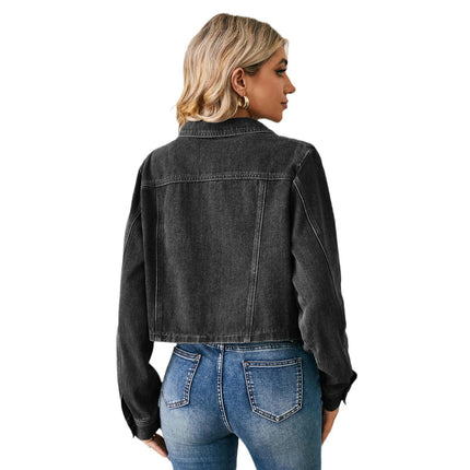 Women's Cropped Jean Jacket Button Up Casual Long Sleeve Denim Jacket