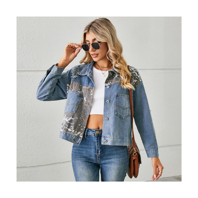 Women's Cropped Long Sleeves Button Down Printed Denim Jean Jackets