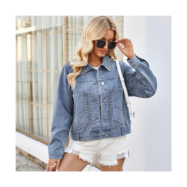 Women's Long Sleeves Rivet Denim Jacket Casual Short Jean Coat