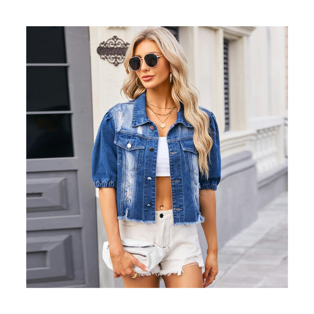 Women's Casual Puff Short Sleeve Frayed Slim Cropped Denim Jean Jacket