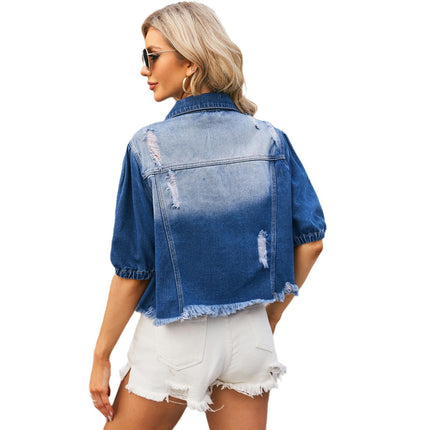 Women's Casual Puff Short Sleeve Frayed Slim Cropped Denim Jean Jacket