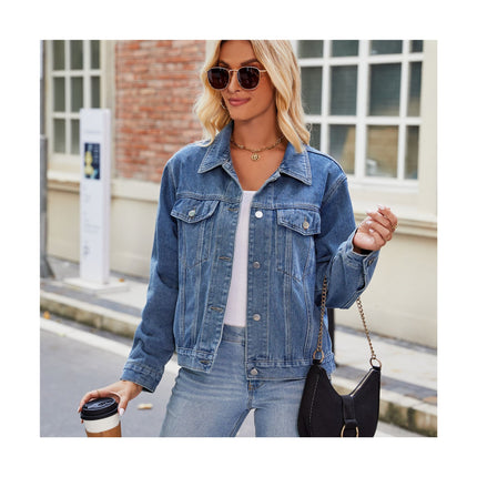 Women's Casual Long Sleeve Jean Jacket Button Down Cropped Denim Jacket