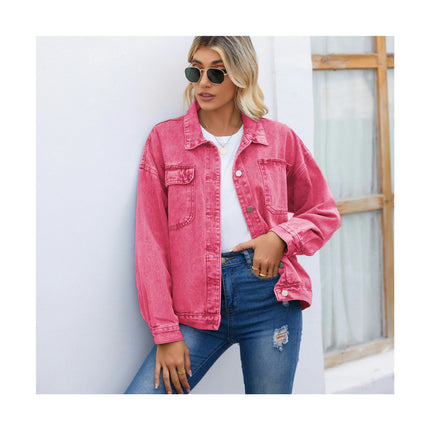 Women's Loose Denim Jacket Casual Long Sleeve Vintage Jean Jacket with Pockets