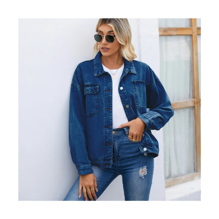 Women's Loose Denim Jacket Casual Long Sleeve Vintage Jean Jacket with Pockets