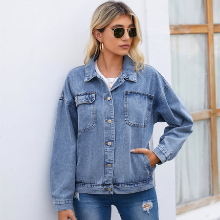 Women's Loose Denim Jacket Casual Long Sleeve Vintage Jean Jacket with Pockets