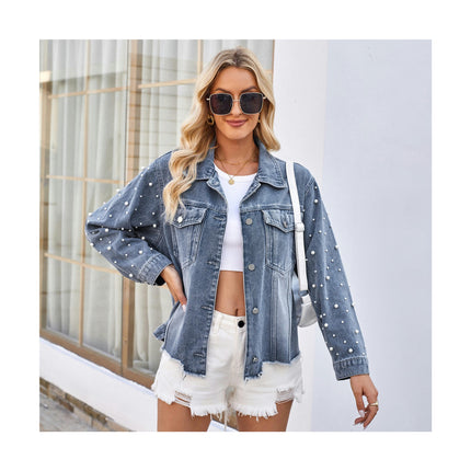 Women's Pearls Denim Jacket Casual Long Sleeve Jean Jacket