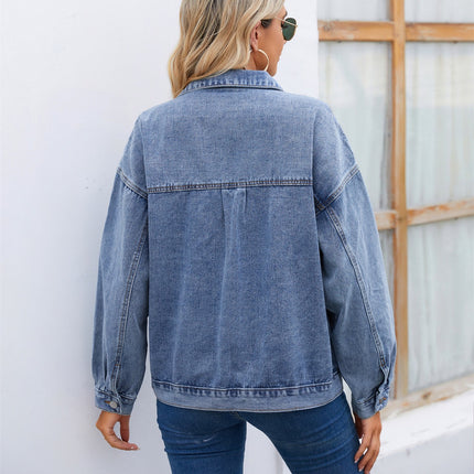 Women's Loose Denim Jacket Casual Long Sleeve Vintage Jean Jacket with Pockets