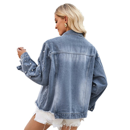 Women's Pearls Denim Jacket Casual Long Sleeve Jean Jacket