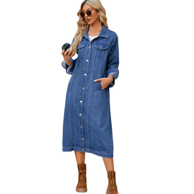 Womens Long Jean Jacket Loose Long Sleeve Button Down Denim Jacket Trench Coat