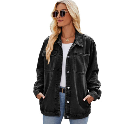 Women's Washed Denim Jacket Casual Long Sleeve Jean Jacket with Pockets