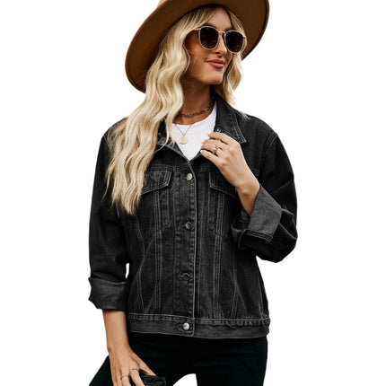 Women's Cropped Slim Jean Jacket Button Down Long Sleeve Denim Jacket