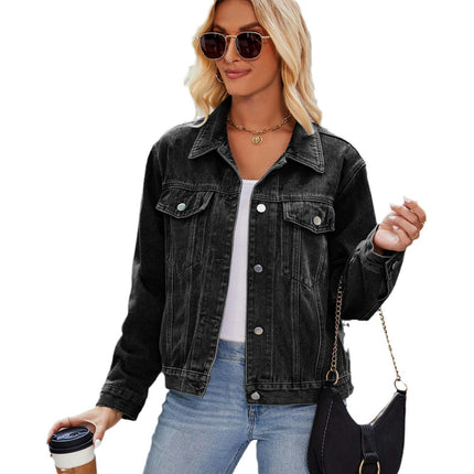 Women's Cropped Slim Jean Jacket Button Down Long Sleeve Denim Jacket