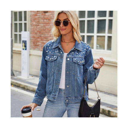 Women's Cropped Slim Jean Jacket Button Down Long Sleeve Denim Jacket