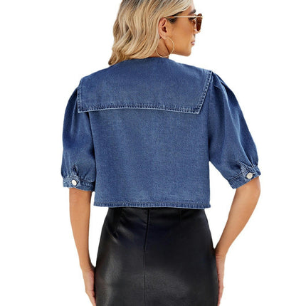 Women's Summer Puff Short Sleeve Jean Jacket Cropped Denim Jacket