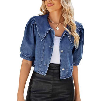 Women's Summer Puff Short Sleeve Jean Jacket Cropped Denim Jacket