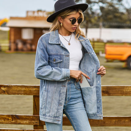 Casual Loose Denim Jacket Button Down Long Sleeve Jean Jacket for Women