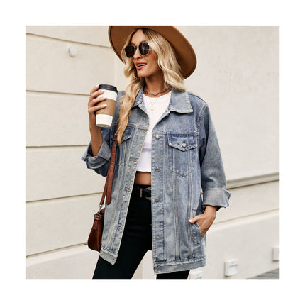 Casual Loose Denim Jacket Button Down Long Sleeve Jean Jacket for Women