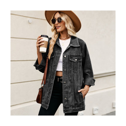 Casual Loose Denim Jacket Button Down Long Sleeve Jean Jacket for Women