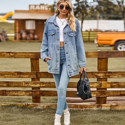 Casual Loose Denim Jacket Button Down Long Sleeve Jean Jacket for Women