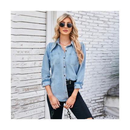 Women Denim Shirt Button Down Long Sleeve V Neck Blouse Tops