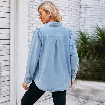 Women Denim Shirt Button Down Long Sleeve V Neck Blouse Tops